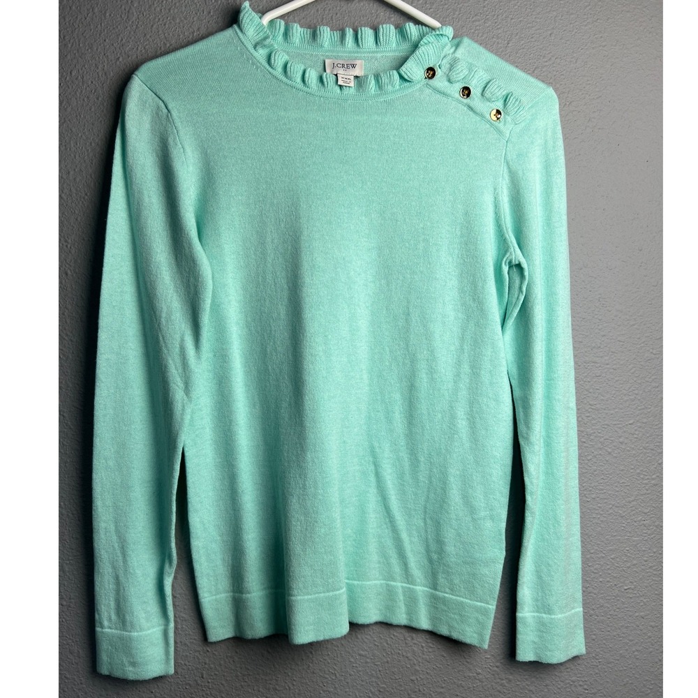 J.Crew Mint Green Ruffle Neck Old Money Gold Button Shoulder Cotton Sweater XXS